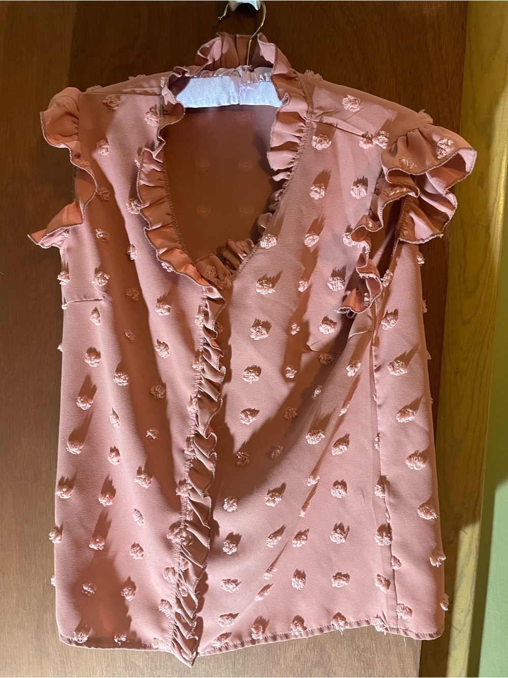 Women's Ruffle V-Neck Sleeveless Top in Dusty Peach. Boutique. Medium.